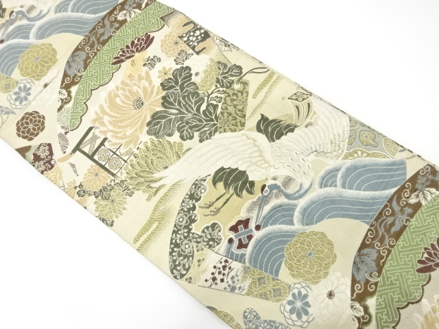 アンティーク　巻物に鶴・花模様織り出し丸帯（着用可）